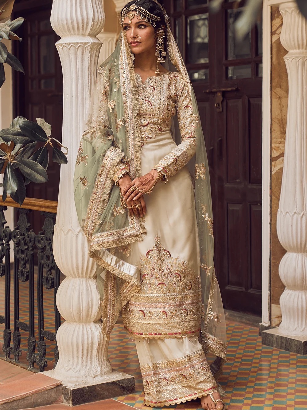 Embroidered Ivory & Sage Green Formal Dress INDIAN WEDDING GUEST DRESS